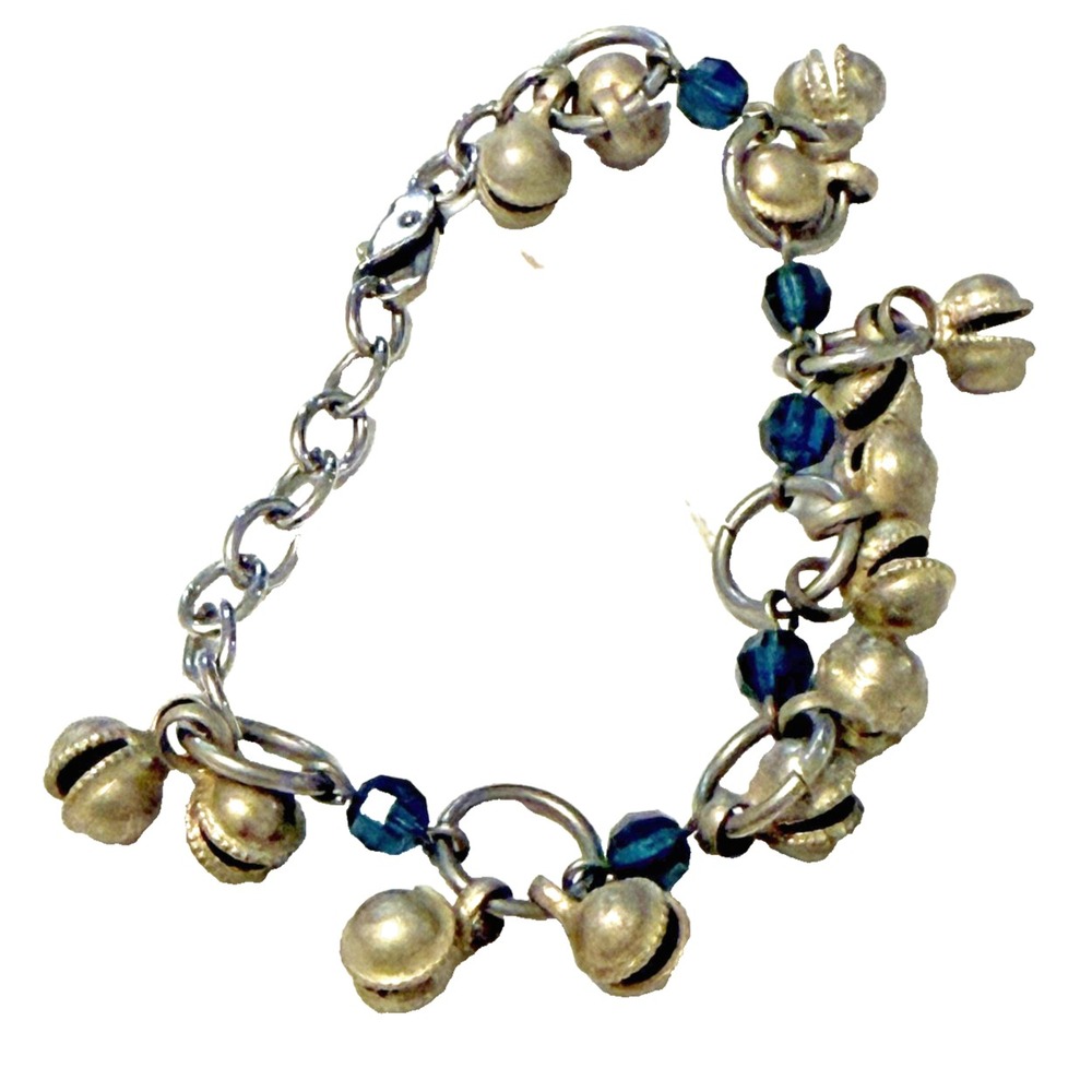 Vintage Silver Tone Jingle Bell Charm Bracelet Blue Dangle Boho Tribal Artisan